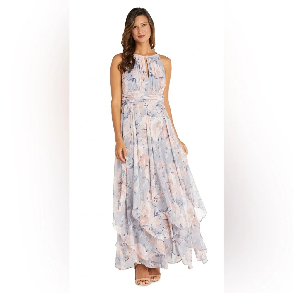 R&M Richards Women’s Floral Halter Maxi Dress Gray & Mauve Size 4P - Picture 1 of 12